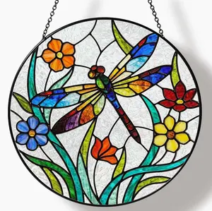 Dragonfly Wildflowers Stained Glass Suncatcher - Colorful, Light, Decorative Metal Hangable Garden Window Decor, Ideal Mother's Day Gift for Women