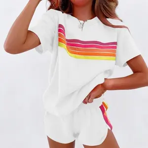 Women's 2-Piece Chic Lady Polyester Beach Set - Short-Sleeve Round Neck Tee, Drawstring Tie Waist Shorts, Breathable Fitted Slimming Design, Ideal for Summer Parties & Travel Photos