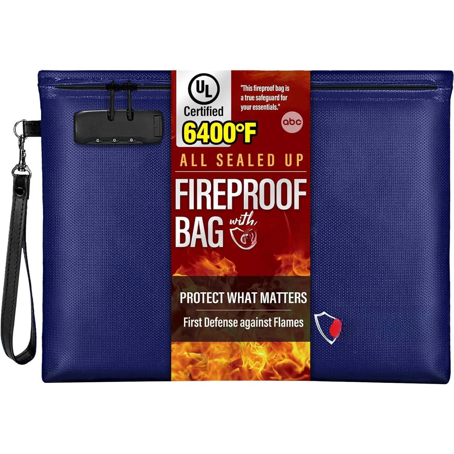 Fireproof Document Bag (14.5 x 11.5 inch), 6400? Fireproof  Bag with Zipper for , Fire Safe  Pouch with Lock (Blue)