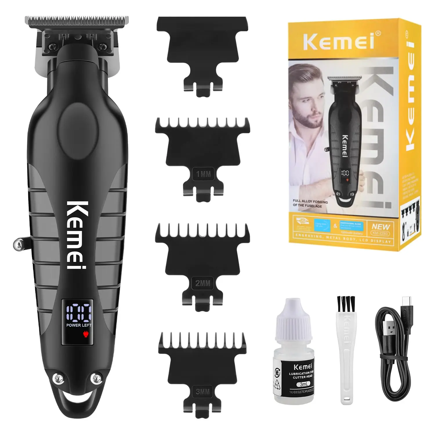 KEMEI Professional Hair & Beard Trimmer for Men, Cordless 0-Gapped T-Blade Clipper for Smooth Hair Removal, Beard to Body Trim, LED Display, USB Port, Includes Brush, Daily, Barber Equipment, Home Haircut