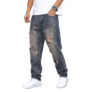[HME]263 Men'S Blue Vintage Distressed Jeans - Classic Washed Denim Fabric, Casual And Stylish With Streetwear Flair. Features A Classic Five-pocket Design For Year-round Versatile Styling. Perfect For Both Commuting And Travel