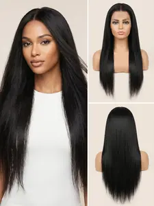 30 Inch Straight Lace Front Wig Natural Black Pre-Plucked Hairline 50% Blend Hair Full Handmade Wig Heat Resistant Glueless Human Hair