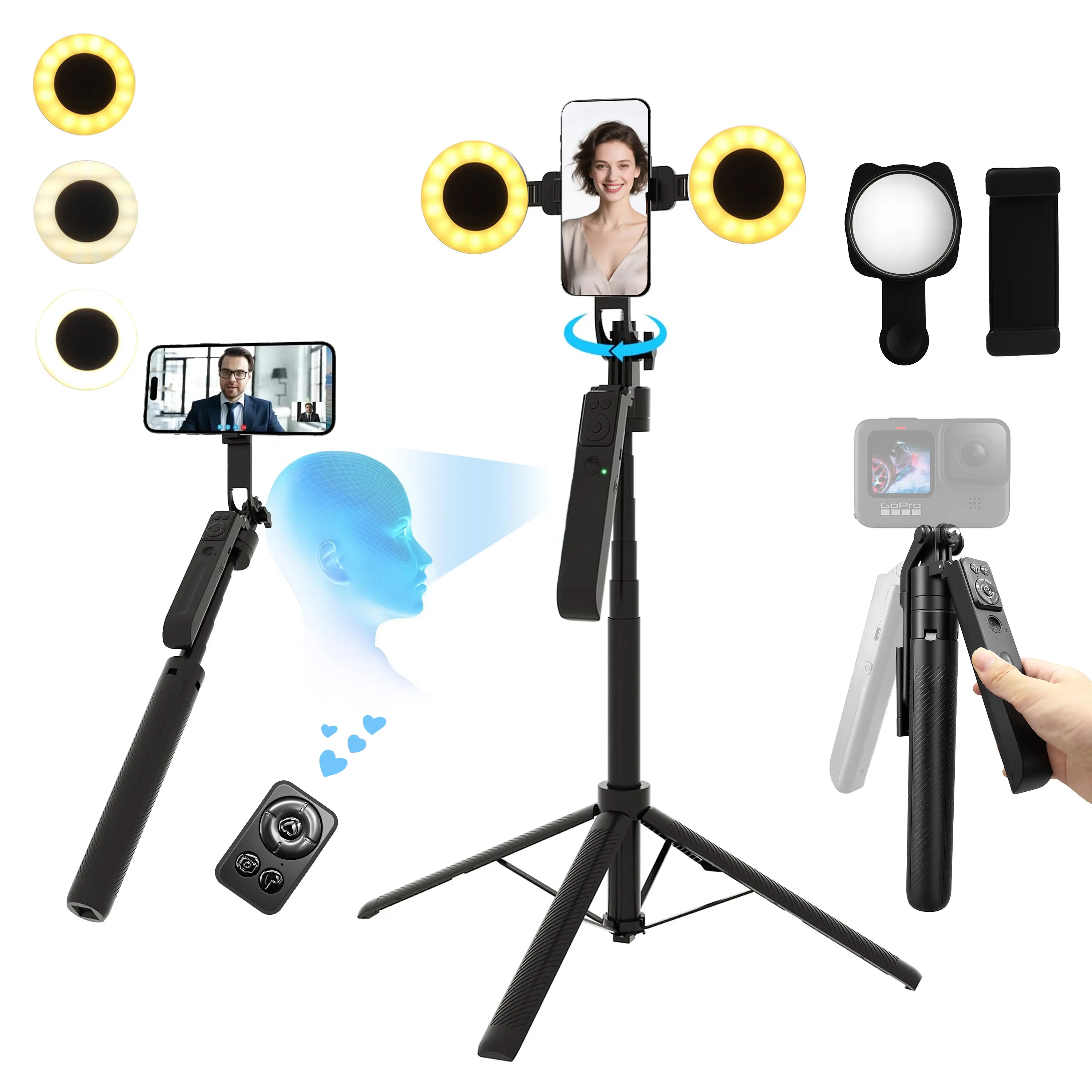 Auto Face Tracking Selfie Stick Tripod with Fill Light, 360 Rotation & Gesture Control, 70.9" Selfie Stick Tripod for iPhone with Remote for for TikTok/Vlog/Live Stream/Video Recording