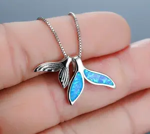 Blue Fire Opal Mermaid Pendant Silver Necklace & Chain
