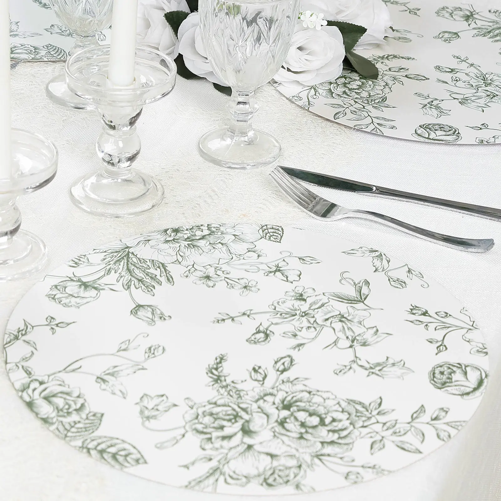 10-Pack Disposable Table Placemats in French Toile Print 13" in Matte White/Sage Green - Chic Floral Cardboard Placemats for Stylish Table Setting, Kitchen Decorative Placemat, Disposable Placemats & Coasters