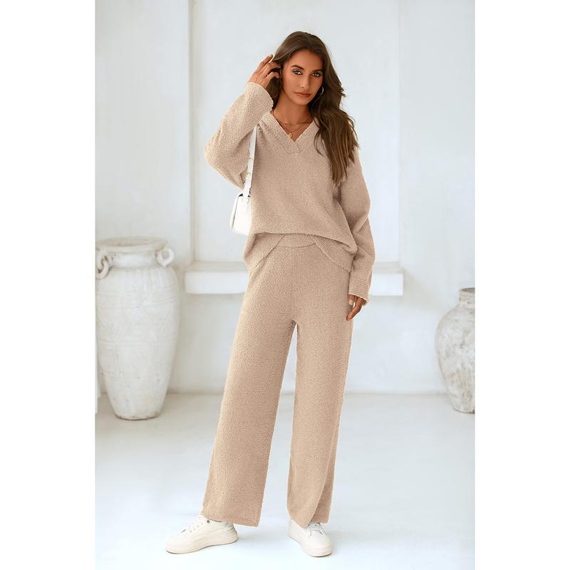 PRETTYGARDEN Women's 2-Piece Lounge Set Soft Chunky V Neck Tops & Wide Leg Long Pants Basic Tracksuit Loungewear Minimalist Homewear Pajama