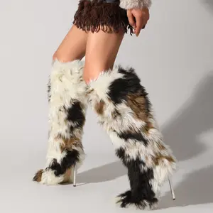 Women's Faux Fur High Heel Boots Fluffy Patchwork Winter Fashion Stiletto Boots for Cozy Style
