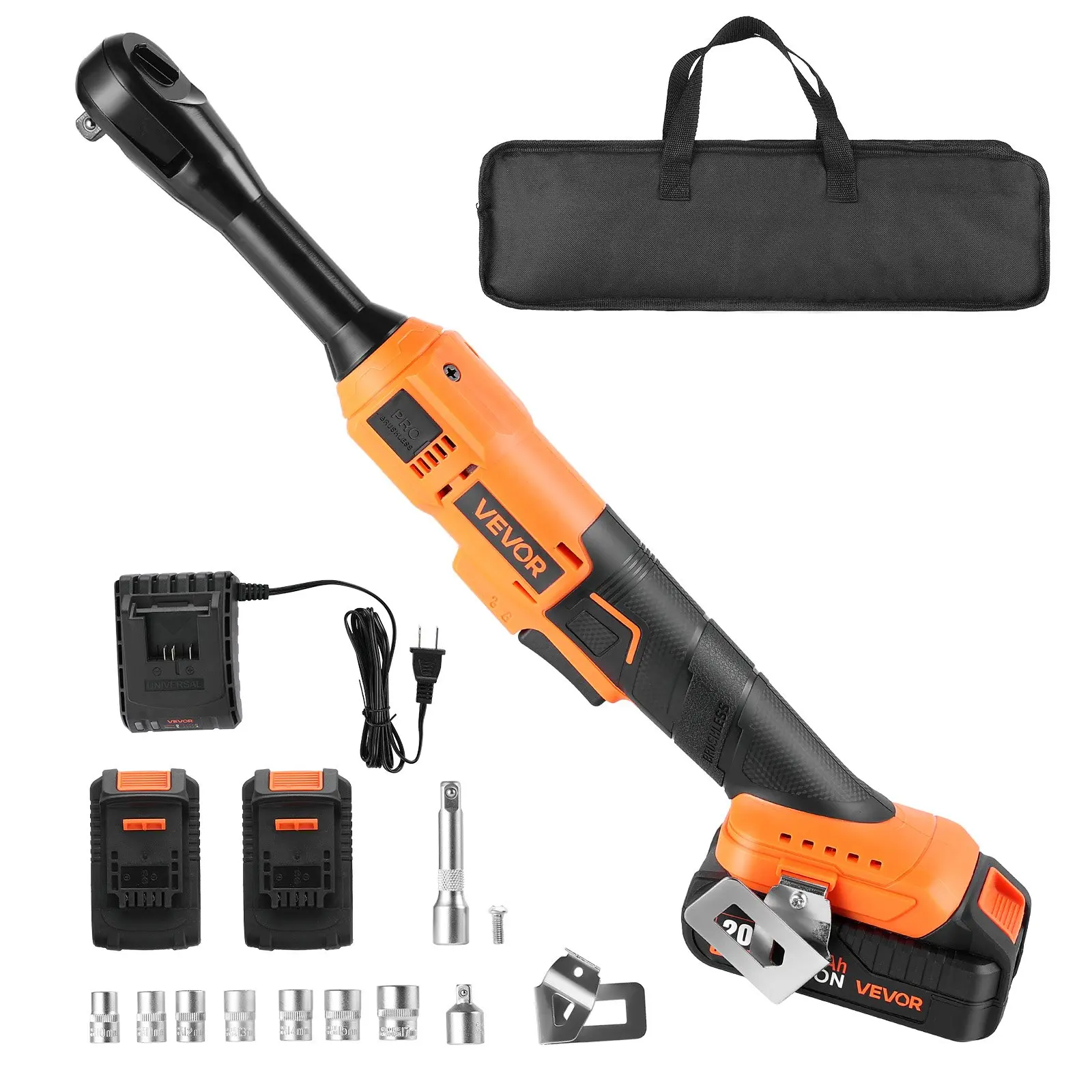 【Summerfinds】VEVOR 3/8 in Drive Cordless Ratchet Impact Wrench Tool Kit, Wireless Power Tool for Mechanics, 230 RPM, 66 ft-lbs High Torque, 2x 2.0Ah Rechargeable Batteries, Charger, Sockets, Adaptors, Cloth Bag, Impact Wrench Cordless