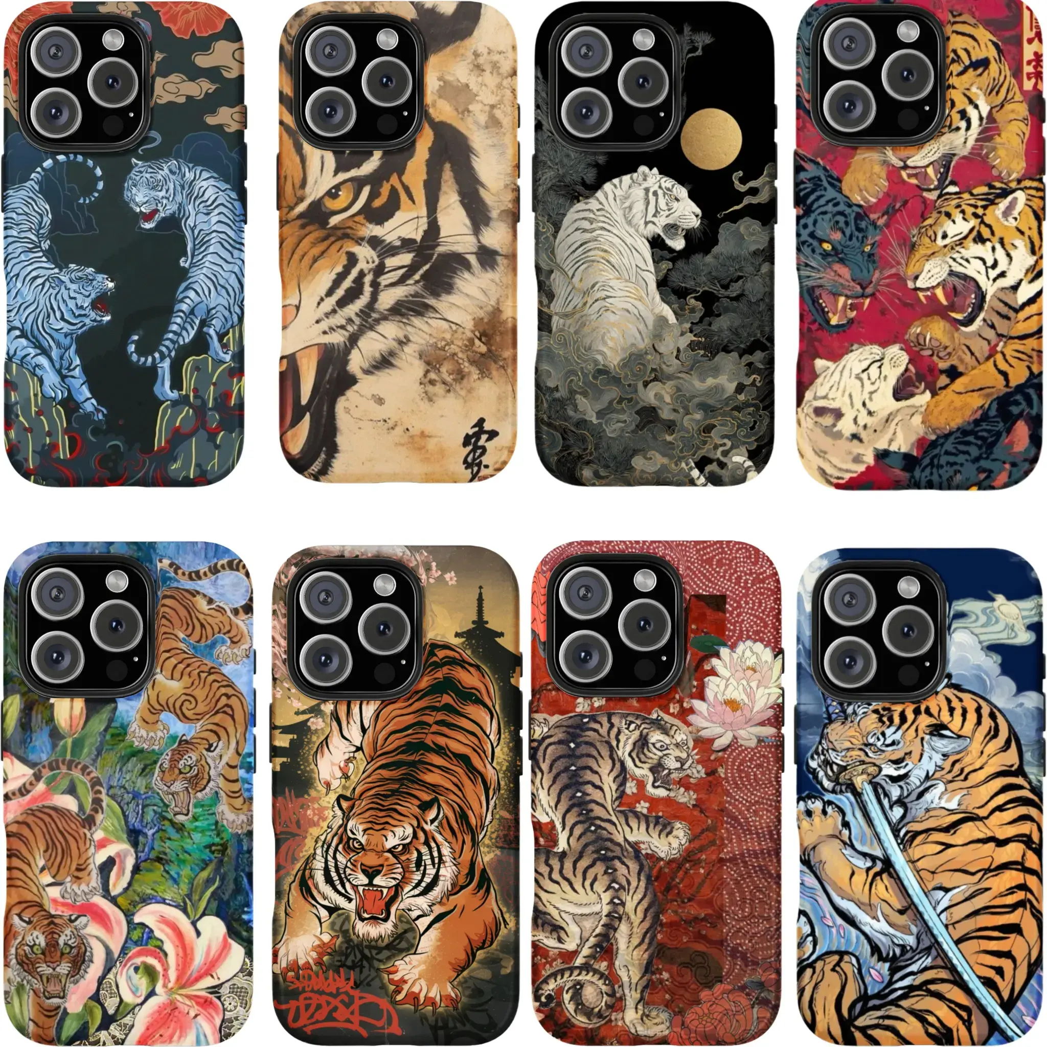 Vintage Chinese Tigers Phone Case, Cute Tiger Collage,