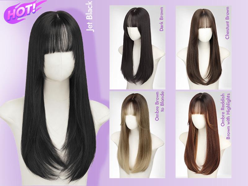 Long Black Hair Topper with Bangs for Women, 4x4 Realistic Scalp,Free Parting, Layered Hairstyle Synthetic Heat Resistant for Daily Party Use 20 inch