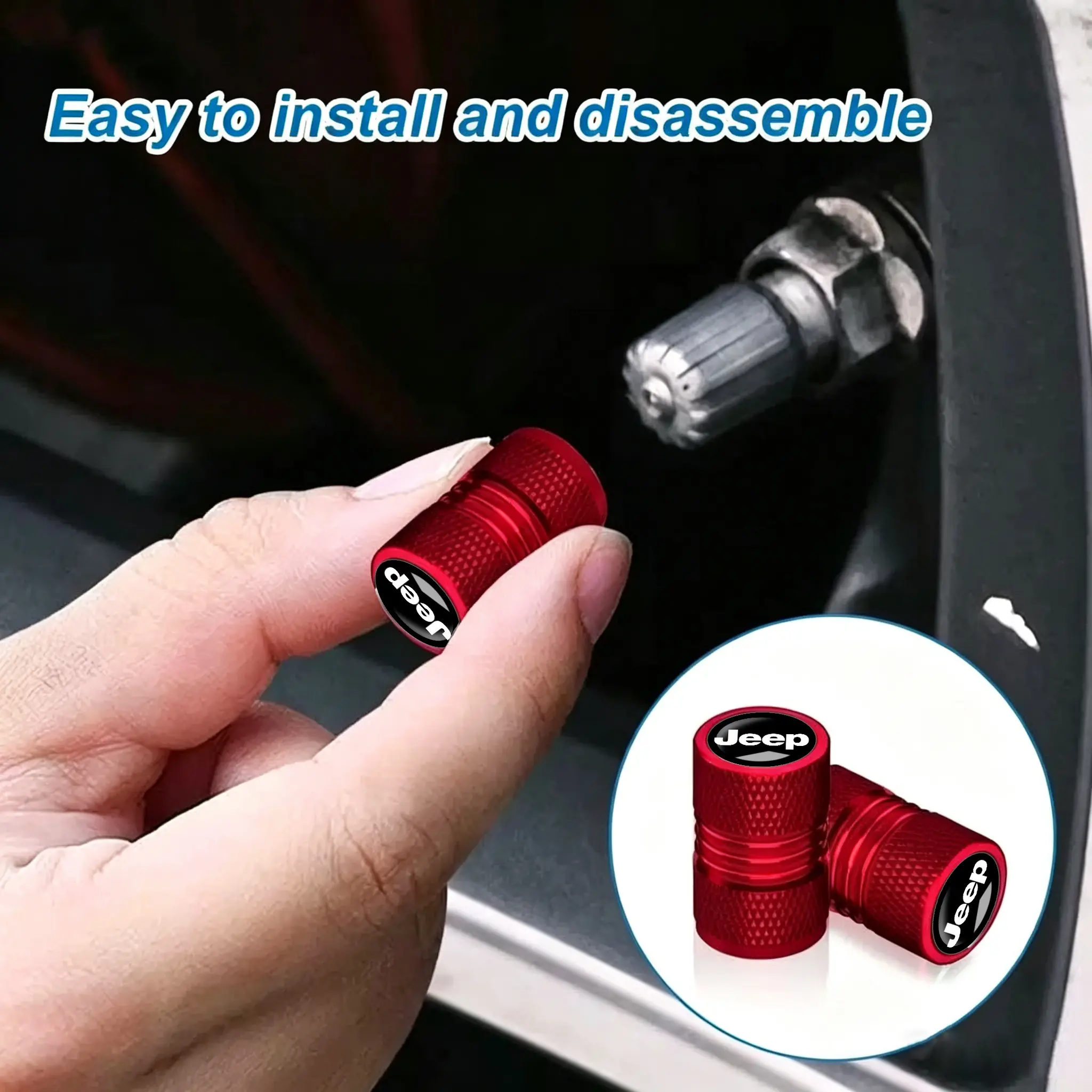 4-piece set For jeep Easy Install & Disassemble Red Tire Valve Caps for jeep Vehicles Easy to install and disassemble Metal material  Tire accessories