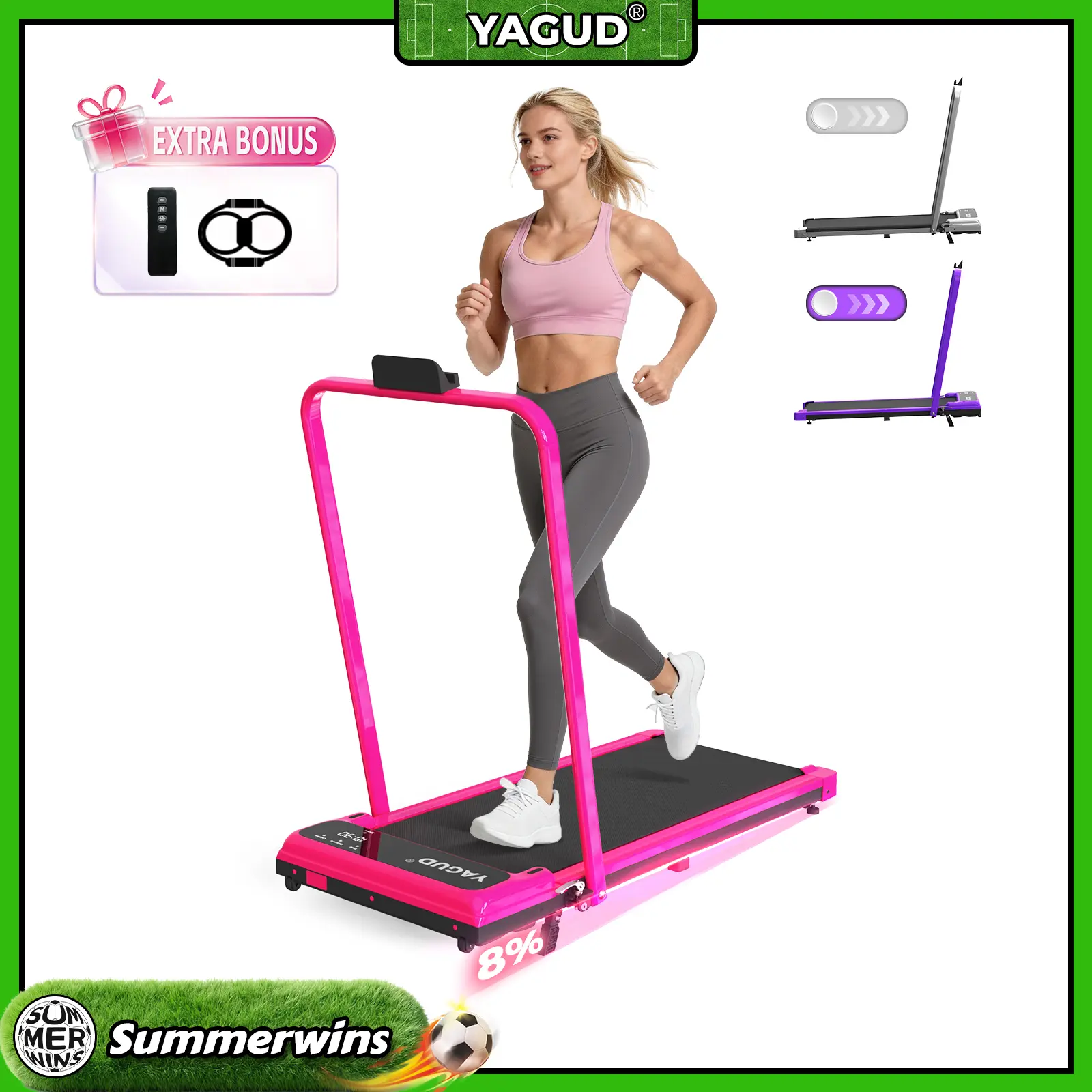 【SUMMERWINS】 YAGUD Foldable Adjustable Incline Treadmill, Low Noise Motor Walking Pad, 265lbs Weight Capacity, Remote Control & Wheels for Easy mobility, Dual Shock Absorption System Home Gym Equipment, Home Workout Equipment
