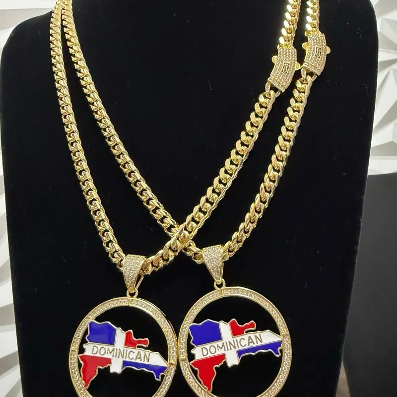 Dominican Flag Pendant Necklace 14k Gold Bonded  SET OF 1 chain and 1 Pendant