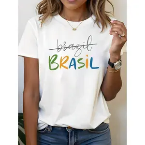 1 Piece Portuguese BRASIL Brazilian Tropical Style Letter Print Women's Round Neck Spring/Summer T-Shirt. Suitable For Everyday Casual Wear