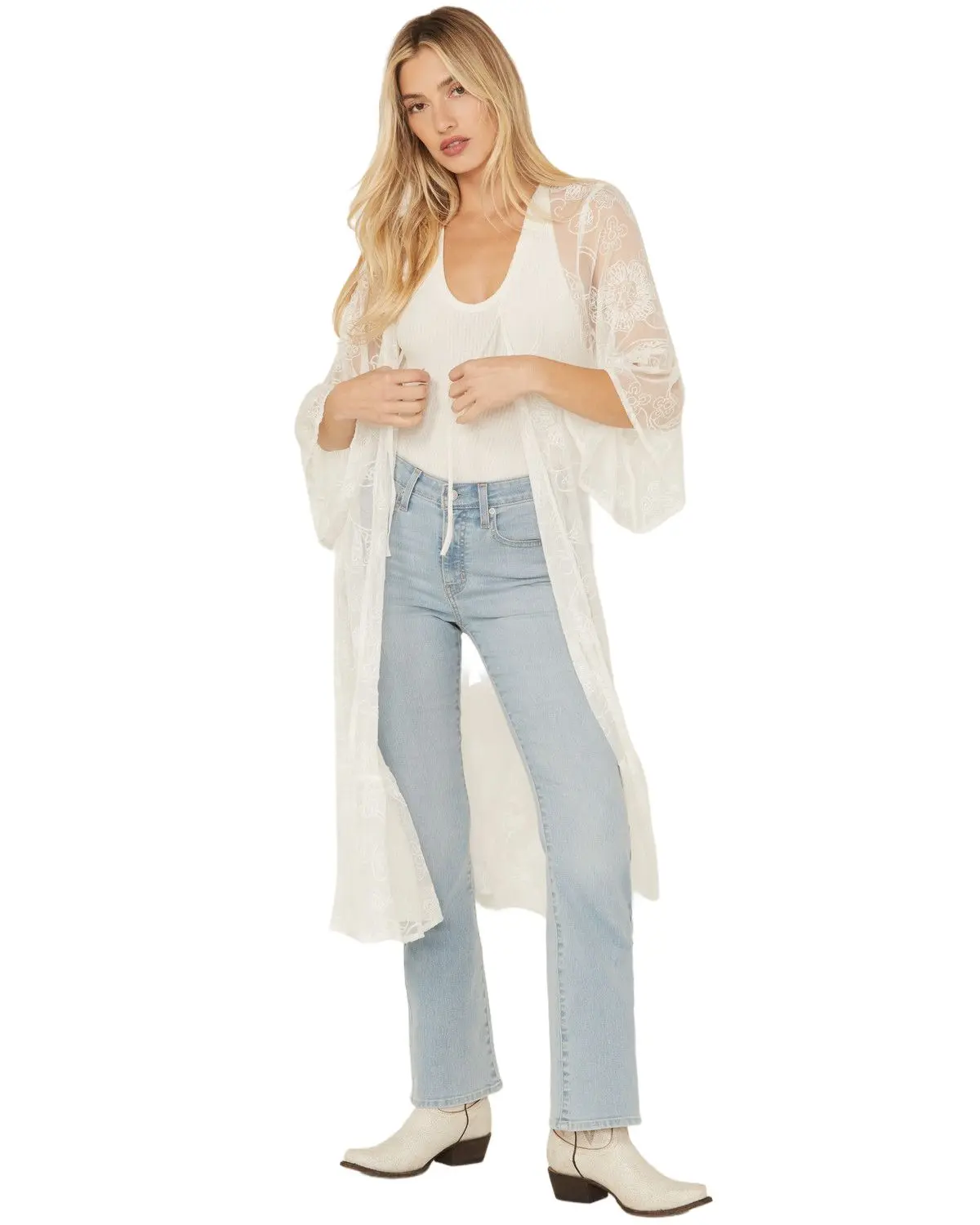 Shyanne Women's Women'S Tie-Front Embroidered Mesh Kimono - Swsp25v92-Iv
