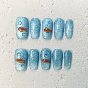 [Ocean Buddy] Short Coffin Handmade Press on Nails, Fake Nails with Nail tool kit with Jelly Stickers, Reusable, Durable