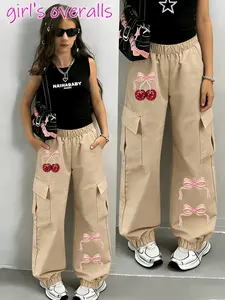 [One Piece]Girls' Cherry Bow Print Cargo Pants, Soft Skin-Friendly Fabric, Loose Fit, All Seasons Casual Wear, Sweet and Cool Style