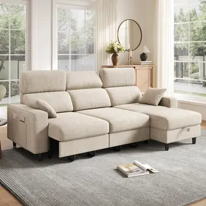 [3 Packages Shipping] Copiae 99.2‘’Modular 3 Seat Sectional Sofa With 33'' Extendable Seat Depth, Adjustable Headrest, Hidden Storage Ottoman, Pull Out Sleeper Sofa Couch For Living Room, Home Theater, Apartment, Comfy Gray Chenille Fabric