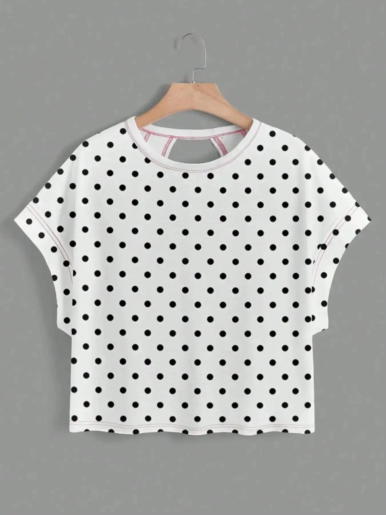Casual Vibe Polka Dot Batwing Sleeve Backless Cutout Tee, Sporty Top, Loose-Fit Retro T-Shirt for Vacation, Summer Wear, versatile piece, trending now, chic look, must-have style