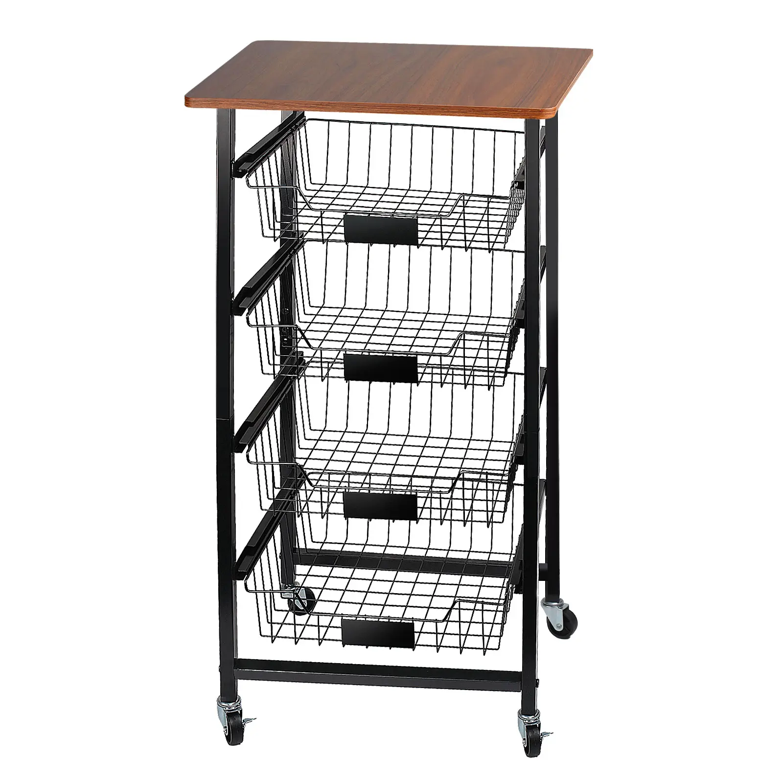 5-Layer Modern Steel Alloy Farmhouse Rolling Kitchen Cart, Compact Rectangle Wood Top Utility Storage Rack (16.6" L x 12.3" W x 35.6" H) with Locking Wheels, Pull-Out Wire Baskets, Multi-Room Space-Saving Mobile Organizer for Potatoes, Baking Supplies, Ro