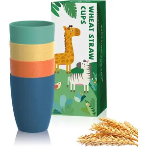 Plastic Cups Alternative Wheat Straw Drinking Glasses 4-Pack |   12 oz Unbreakable & Reusable Plastic Cups, Microwave Safe |   Everyday Kids Tumblers & Kitchen Accessories (Multi-Color)
