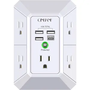 Wall Charger, Surge Protector, QINLIANF 5 Outlet Extender with 4 USB Charging Ports (4.8A Total) 3-Sided 1680J Power Strip Multi Plug Adapter Spaced for Home Travel Office (3U1C)