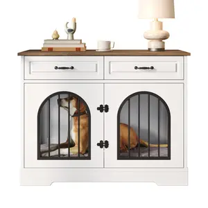 43.3" Heavy Duty Dog Crate Furniture for Medium Large Dogs, Indoor Wooden Dog Kennel with 2 Storage Drawers and Side Doors, Dog Cage Furniture Style Pet Crate for Living Room, Durable Dog House Furniture, White and Brown folding
