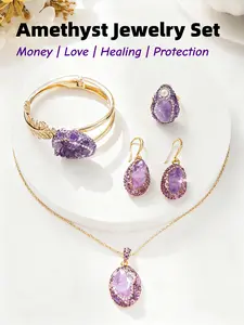 4pcs Amethyst Jewelry Set-Gold Plated Bracelet, Ring, Earrings & Necklace - Sparkling Crystal Unique Design - Fashionable Elegant Jewelry Gifts polo chain