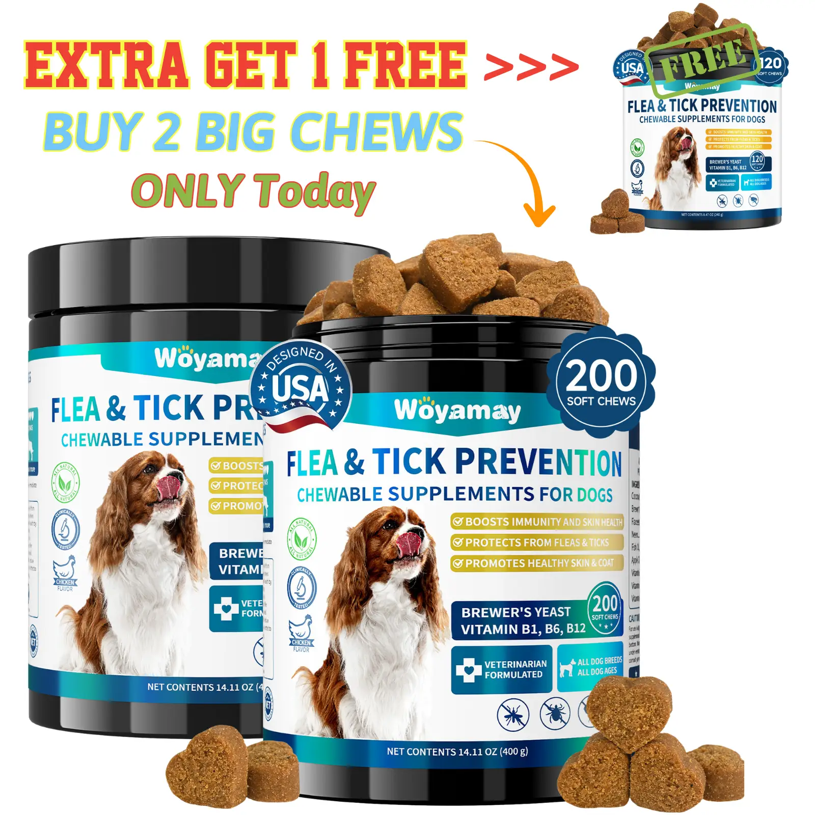 Woyamay Flea and Tick Support for Dogs Chewables, 200 Ct, Skin&Coat Health Support with Omega-3&Multivitamin, Natural Dog Flea and Tick Chews for Dogs