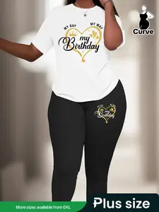 [Plus Size] Two-Piece Set Heart & Letter Print Tee & Elastic Waist Pants, Casual Short Sleeve Round Neck T-shirt & Skinny Trousers for Daily Wear, Women's Two-piece Outfits for Spring & Fall, Womenswear