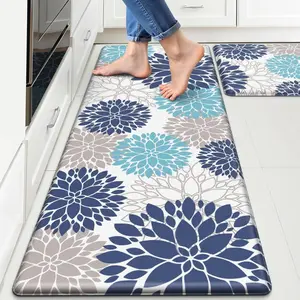 Kitchen Mats for Floor, Anti Fatigue Mats for Kitchen Floor, Kitchen Decor and Accessories Non Slip Washable Mats Set of 2 for Sink, Office, Laundry, 17.3"×30"+17.3"×47", Blue and White