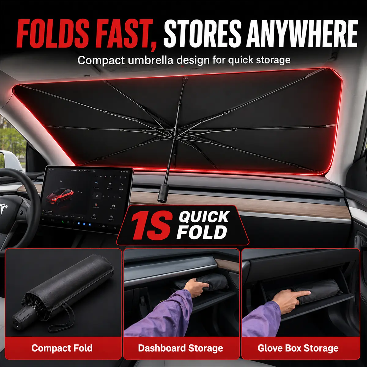 Tesla Model Y 3 Windshield Sun Shade Foldable Front Window Sunshade Umbrella