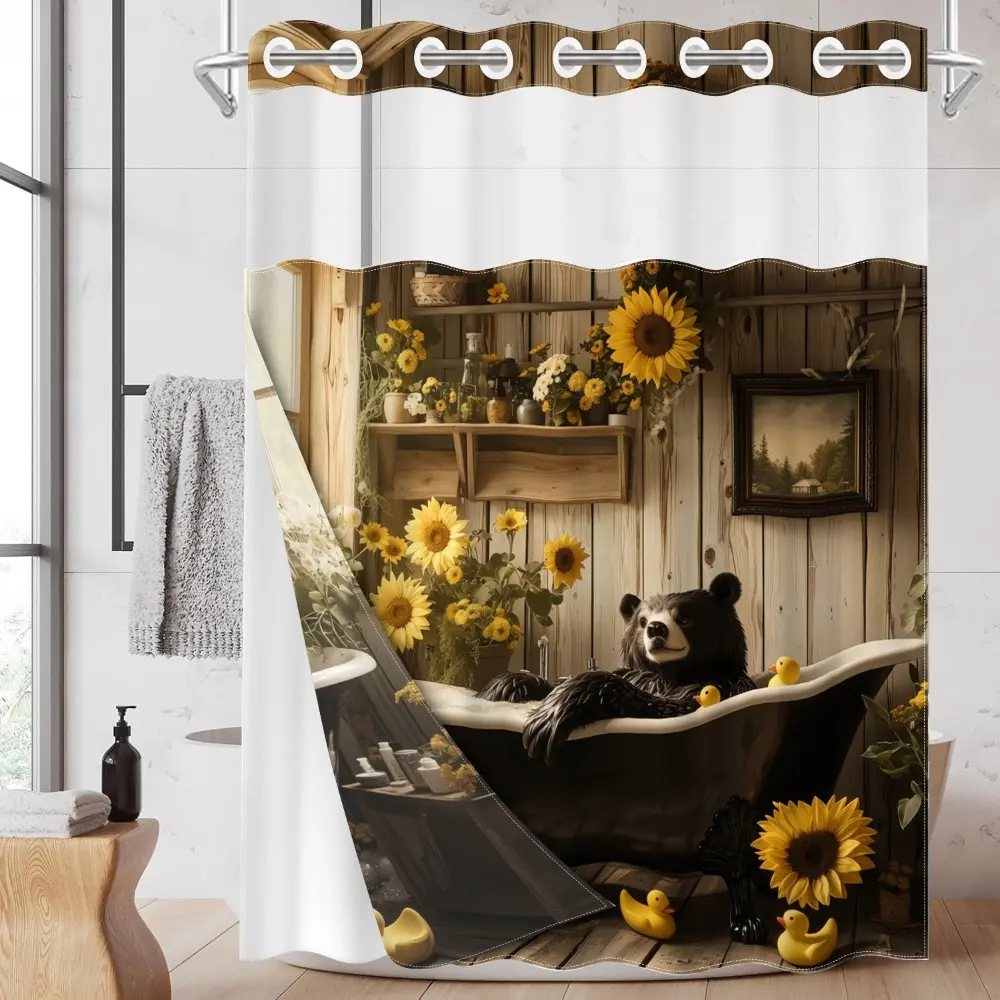 1PC/4PCS 2D Flat Printing Black and White Bear Sunflower Patterned shower curtain, Aesthetic shower curtain, pretty shower curtain, home bathroom decor, shower curtain set with 12 hooks, non-slip bathroom rug, U-shaped toilet seat cover