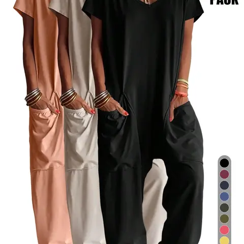Women's Fashion Oversized Harem Jumpsuit with Pockets, Ladies Bohemian Style Solid Color One Piece Jumpsuit, Casual Short Sleeve Jumpsuit for All Seasons