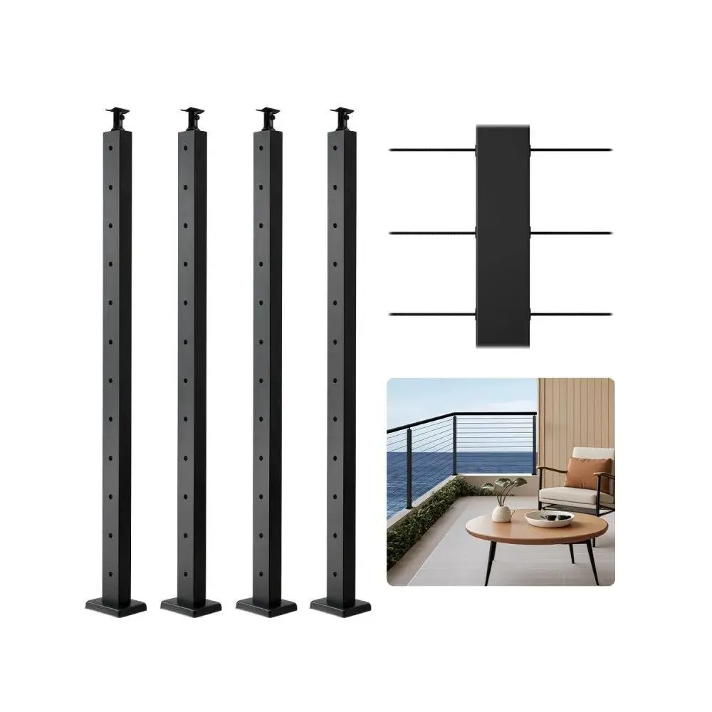VEVOR 4-Pack Stainless Steel Cable Railing Posts, 42x2x2 In Horizontal-Hole Metal Deck Safety Posts with Pre-Drilled Holes, Horizontal & Curved Brackets for Fences, Hotels, Black#SohoChic