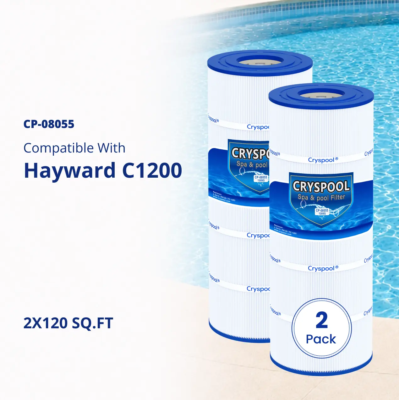 C1200 Filter Compatible with Hayward C1200, Replacement For CX1200RE, PA120, Unicel C-8412, Filbur FC-1293, Aladdin Ultra-B2, Cryspool 2x120 Sq. Ft Pool Filter Cartridge, 2 Pack, Outdoor Pool Accessories, Deep Filtration, Trilobal Fiber, Water Clarity