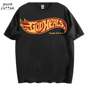 Unisex Christian "God Heals" T-Shirt - 230g Heavyweight Pure Cotton, Vintage Retro Washed Single-Sided Print, Comfortable Street Style Fall Shirt, Christian Scripture Gift Valentine's Day Valentine's Day gift hooded sweatshirt round-neck sweatshirt