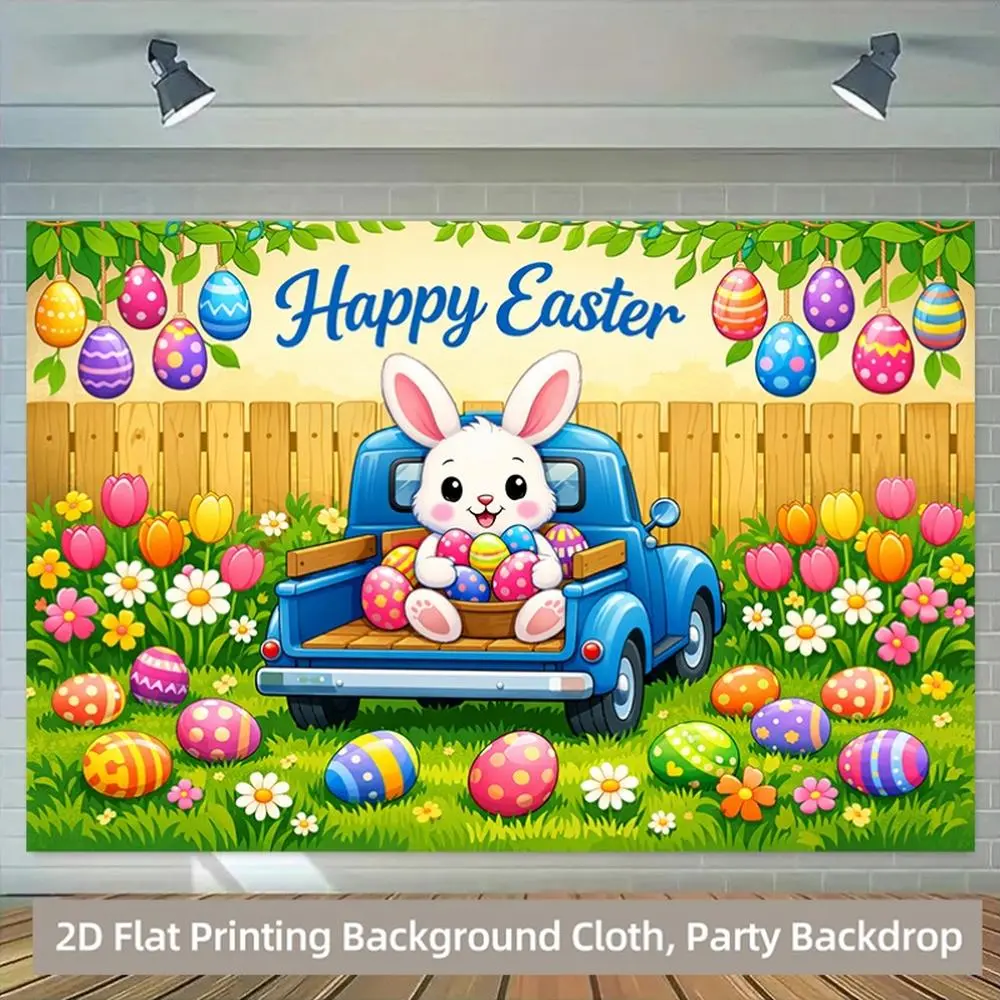 1PC Polyester Reusable 2D Flat Print Happy Easter Wall Hanging Backdrop, Cute Bunny & Colorful Eggs with Blue Truck Design, Outdoor Banner, Party Decorations Banner for Easter Events, Kids' Photography Use, Outdoor Banners