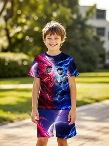 Boys' Junior 3D Short Sleeve Set, Casual Blue Colorblock Messi Ronaldo Print, Outdoor Wear, Perfect for Holidays, Birthday Gifts, Clothing Set