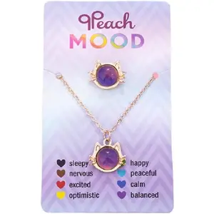 KZL Temperature Sensing Color Changing Mood Necklace Ring Set Cute Cat Unicorn Round Love Heart Shape Pendant Necklace Open Rings with Card for Women Couple Friendship Jewelry Gifts