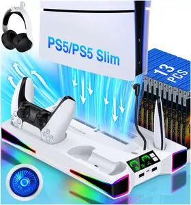 BEBONCOOL PS5 Slim Stand with 3 Levels Cooling Station and Controller Charging Station for PS5/PS5 slim, PS5 Accessories-Cooling Fan, Headset Holder, 13 Game Slot for Playsation 5 Slim Console Disc/Digital, White