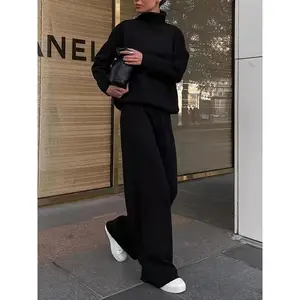 Women'sSolidTurtleneckTops&WideLegPantsSet,CasualFashionableCozyLongSleeveTop&TrousersforDailyCasualOccasionWear,FallClothes,2PieceSet,Women'sClothingforFall,DowntownGirlClothes