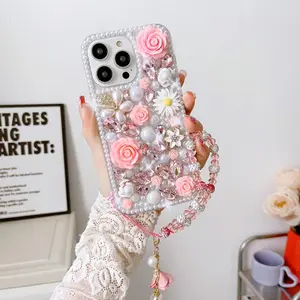Bling Rhinestone Flower Decor Phone Case with Lanyard, Luxury Glitter Phone Protective Cover, Phone Accessory Compatible, Phone Accessories for iPhone 11 12 13 14 15 Pro Max, Smartphone Casing, Decorative Phone Protector
