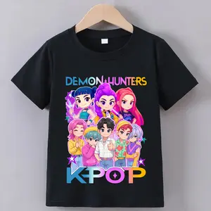 Kpop style Jinu graphic print T-shirt, a Kpop-style printed T-shirt suitable for teenagers, regular fit, short sleeves with cartoon print.