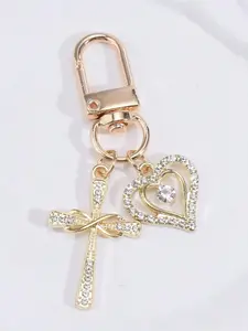 Women's Minimalist Rhinestone Cross & Heart Pendant Keychain, Elegant Feng Shui Diamond Heart, Delicate Gift, Earphone Case Accessory, Keychain Jewelry