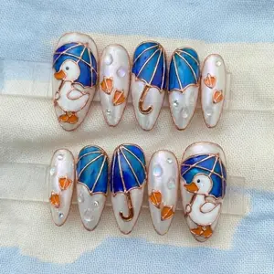 3D Duck Umbrella Press On Nails, Stained Glass Style Design, Kawaii Cartoon Nail Art Set, Custom Almond Manicure, Handmade Novelty Tips