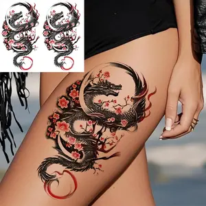 2 Colorful Chinese Plum Blossom Dragon Arm Temporary Tattoo Stickers, Waterproof Realistic Body Art Tattoos for Men & Women, Large Half Sleeve Design, Tattoo Paper