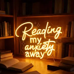 "Reading, My Anxiety Away" Book Lover's Neon Light -LED Wall Art for Cozy Reading Nook, Library, Study or Bedroom Decor, Dimmable USB with Hanging Kit, Thoughtful Gift for Bookworms & Mental Wellness
