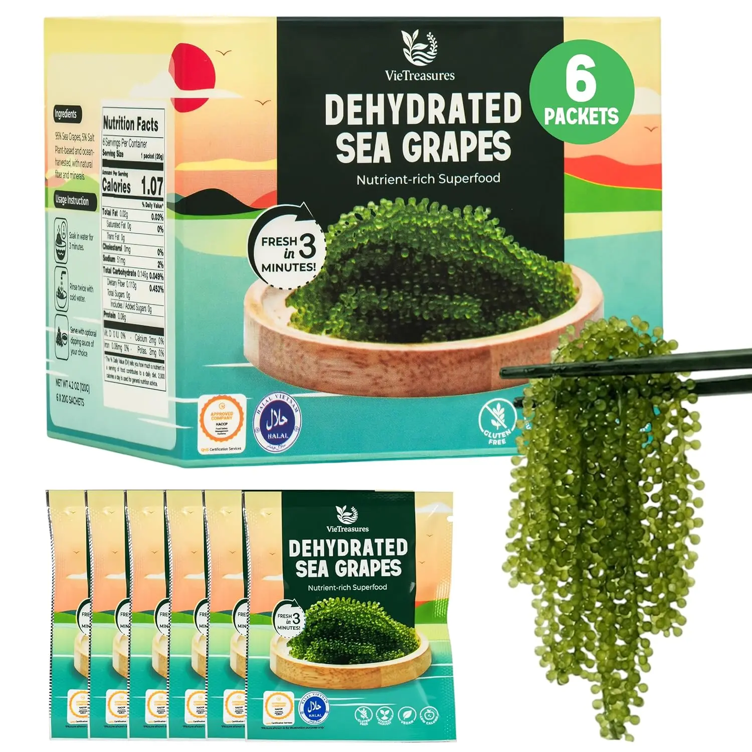 VieTreasures Organic Dehydrated Sea Grapes 4.23oz (6 x 0.7oz Packs) – HALAL Certified Green Caviar Seaweed, Vegan, Gluten-Free, Low Calorie Snack & Salad Topping with Fresh Popping Texture, Ready-to-Rehydrate Ocean Superfood