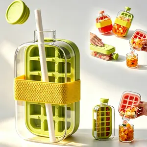 Ice Cube Bottle, 2 in 1 Touch-Free ice cube mold Tray with Straw & Lid - Easy Press Ice Tray Water Bottle, Leak Proof Lid, Vertical Ice Maker for Freezer, Travel, Gym & Home Use